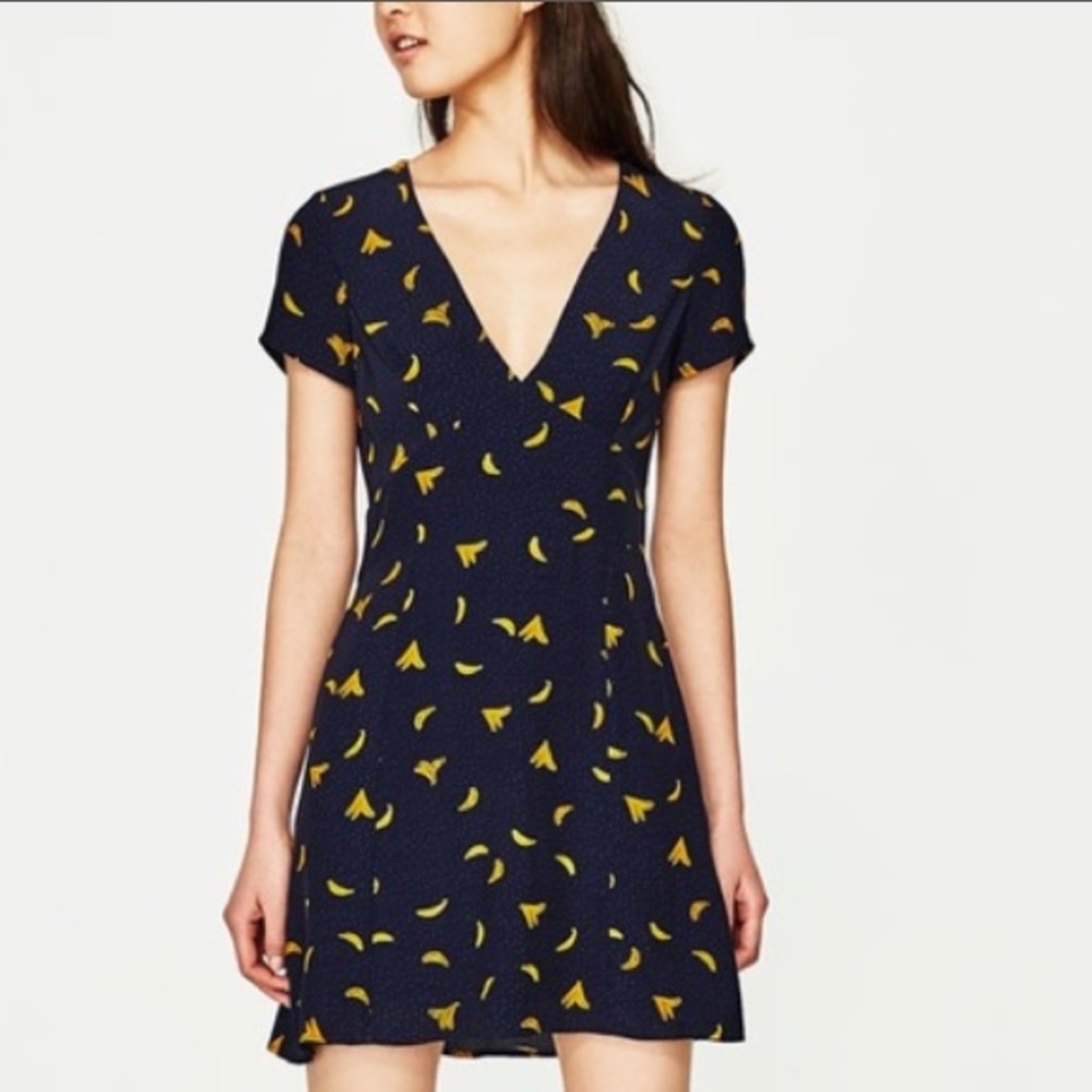 Zara Navy Banana Print V-Neck Mini Dress Medium